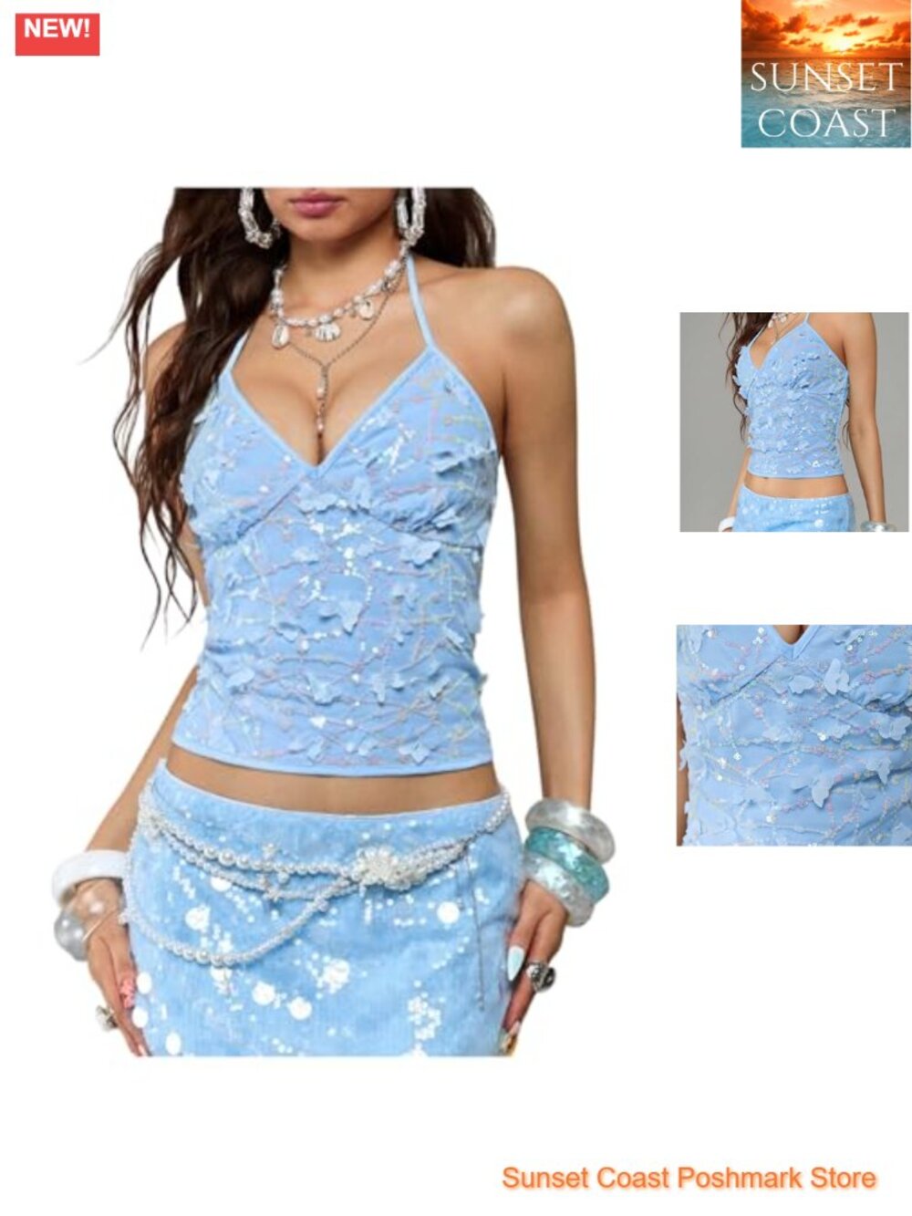 Sequin Halter Crop Top Y2K 3D Butterfly Sleeveless Tie Back